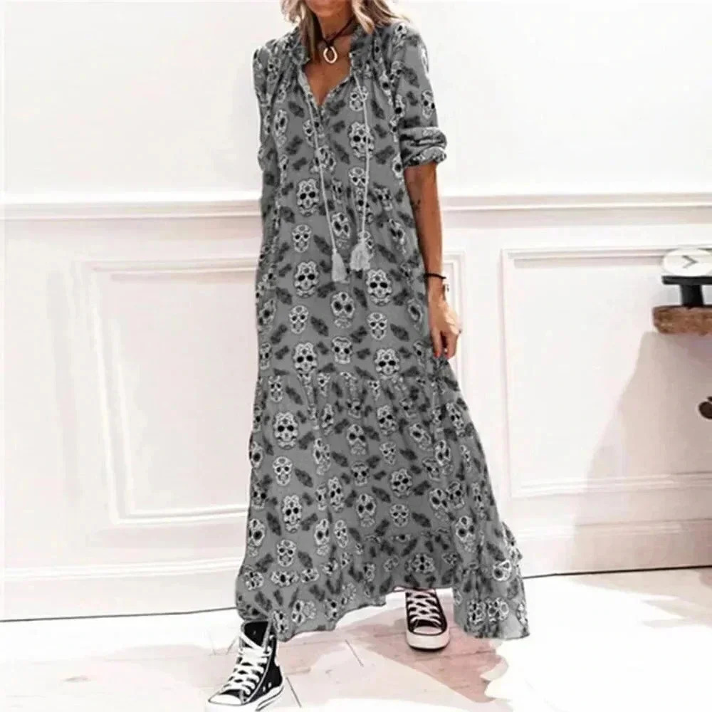 Women Autumn Fashion Boho Skull Print V-Neck Casual Loose Mid-Sleeve Maxi Dress